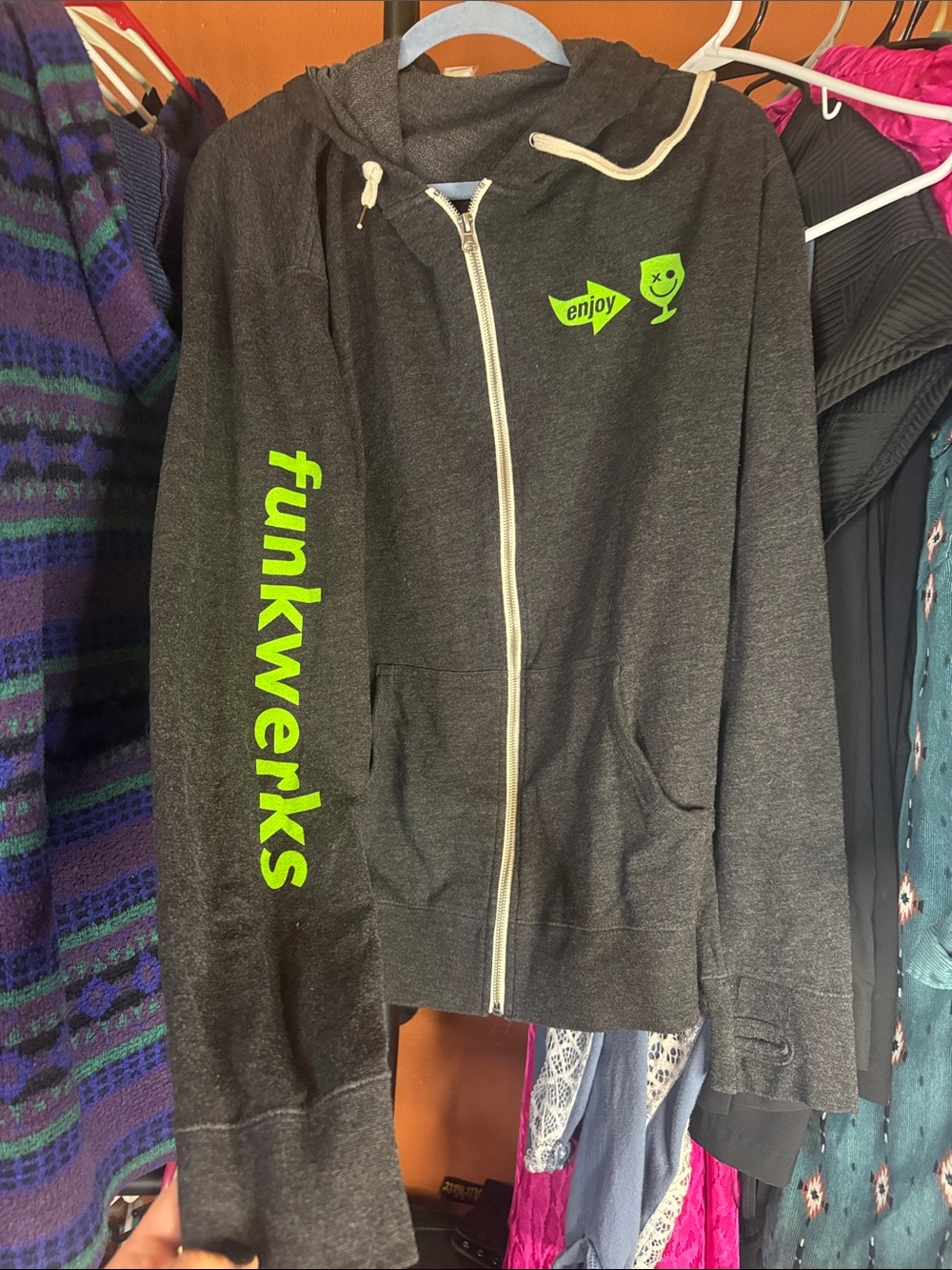 Funkwerks Men's Charcoal Zip Hoodie with Neon Green Logo